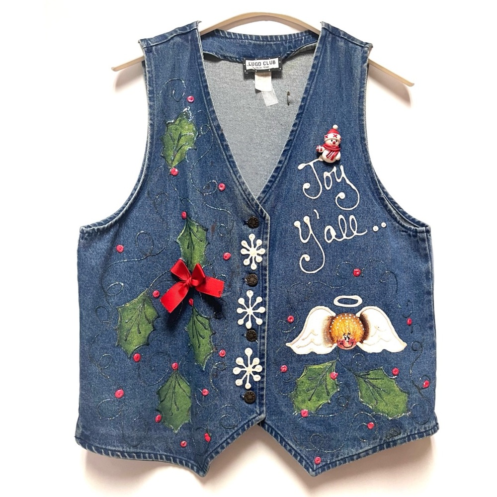 Vintage Christmas Hand Painted Denim Vest 2X Western Cowgirl Custom Holiday Art